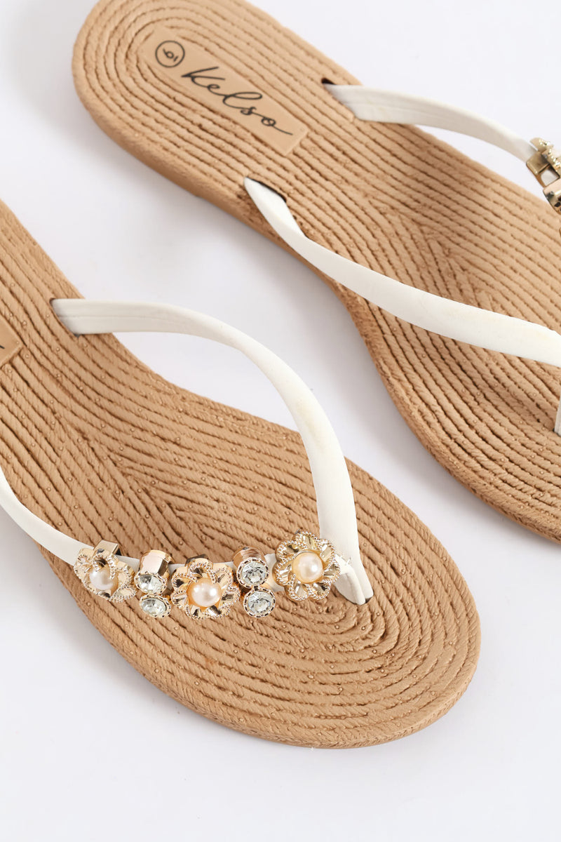 Diamante Trim Thong Sandal - White