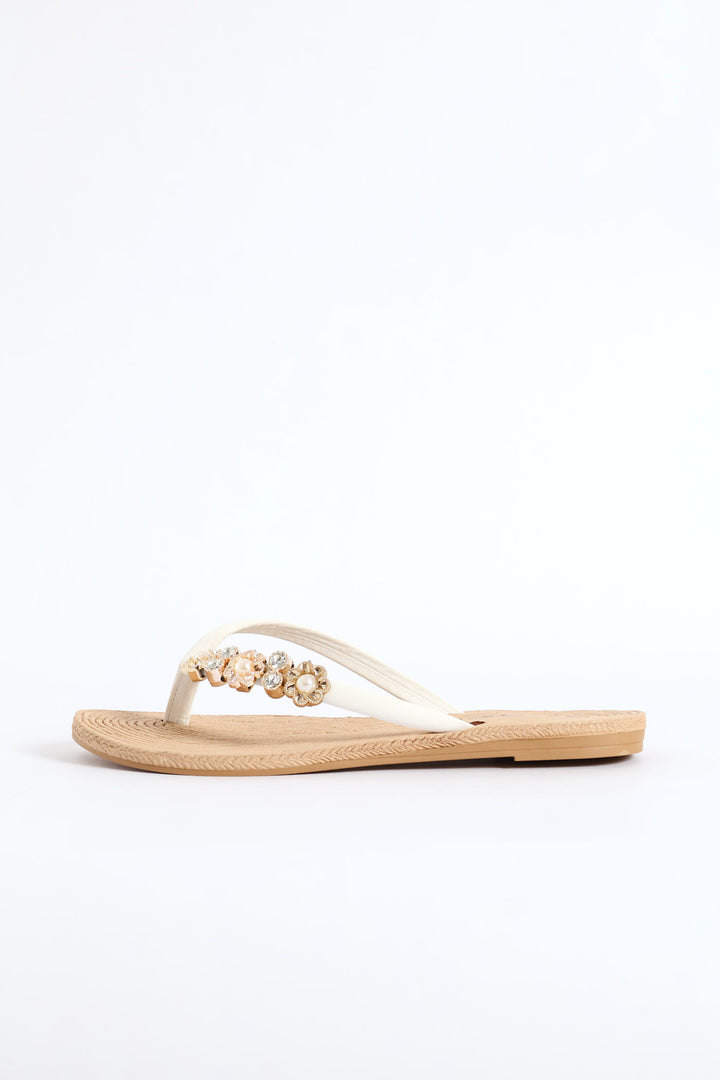 Diamante Trim Thong Sandal - White