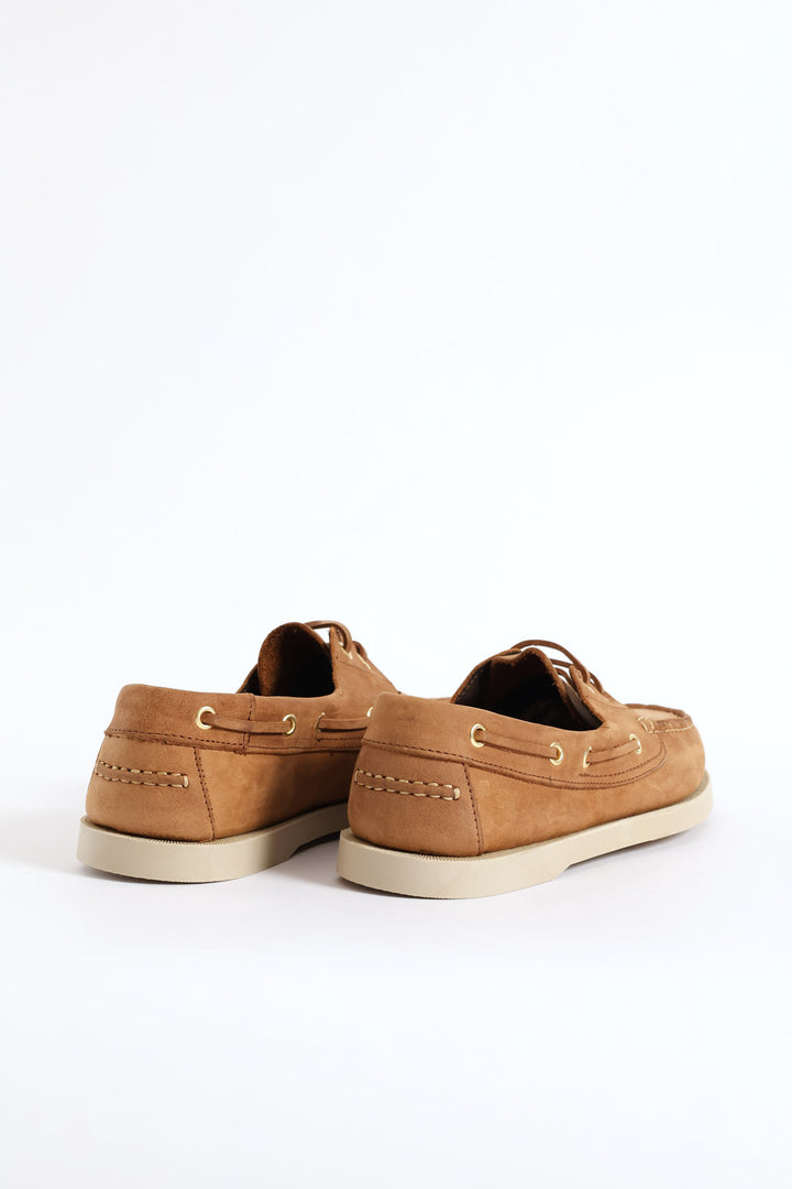 Fashion Lace Up Nubuck Docksider - Tan