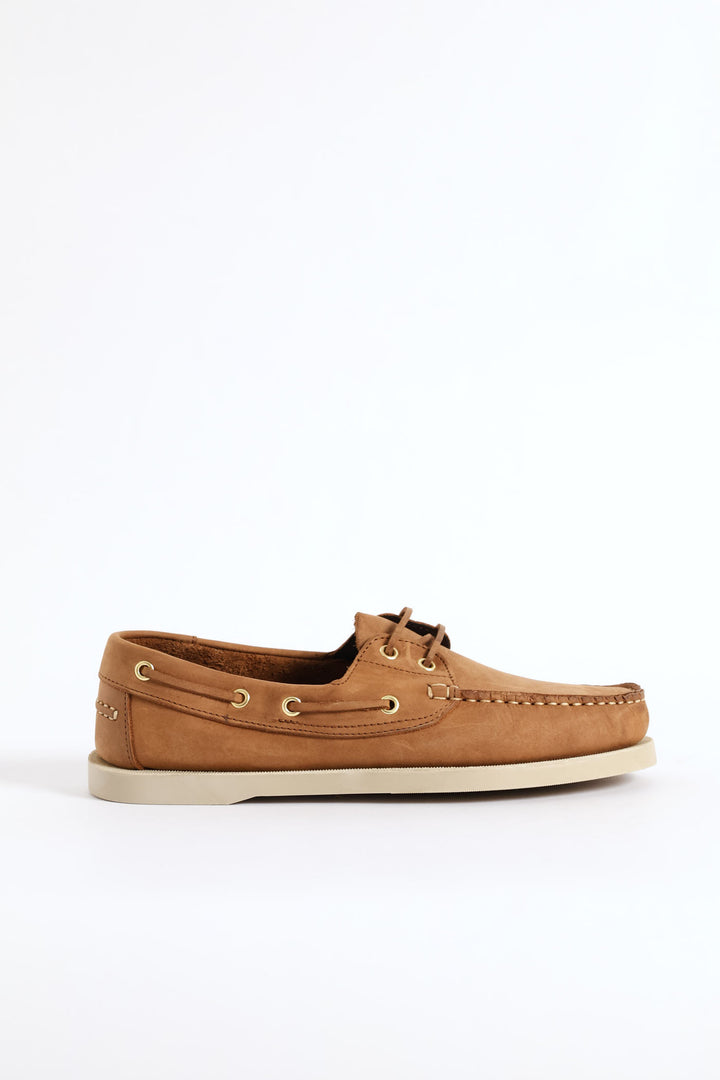 Fashion Lace Up Nubuck Docksider - Tan