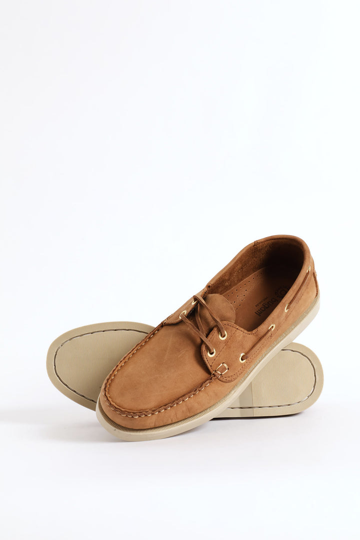 Fashion Lace Up Nubuck Docksider - Tan