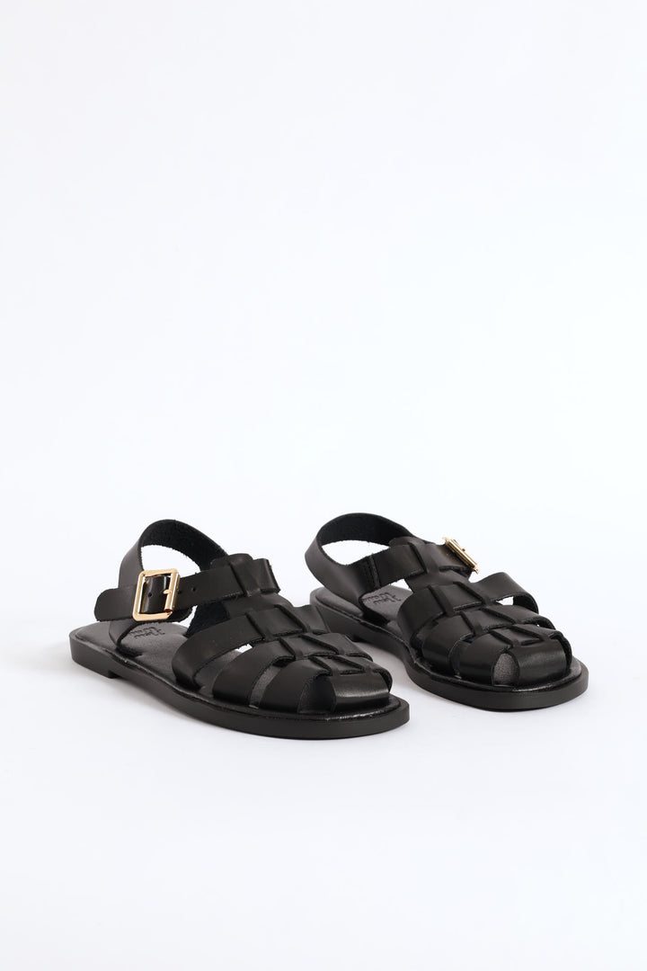 Girls Pu Caged Fisherman Sandal - Black