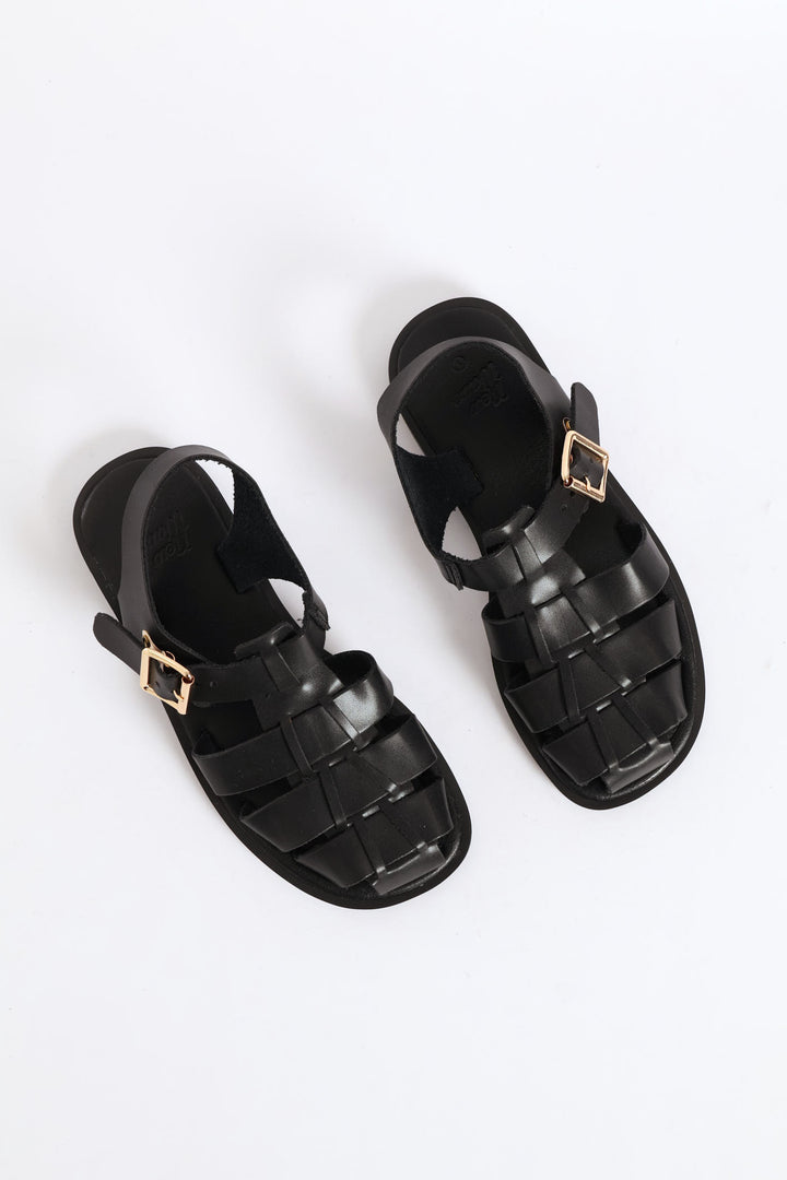Girls Pu Caged Fisherman Sandal - Black