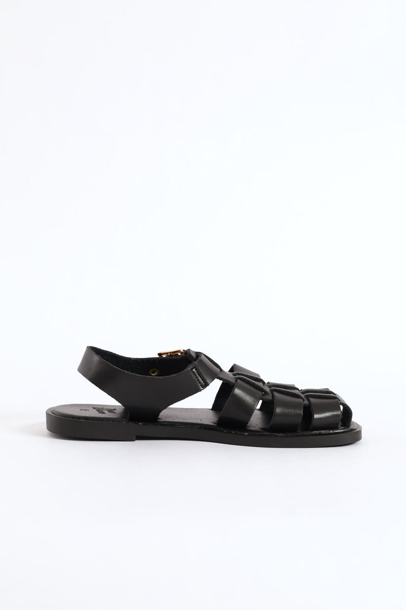 Girls Pu Caged Fisherman Sandal - Black