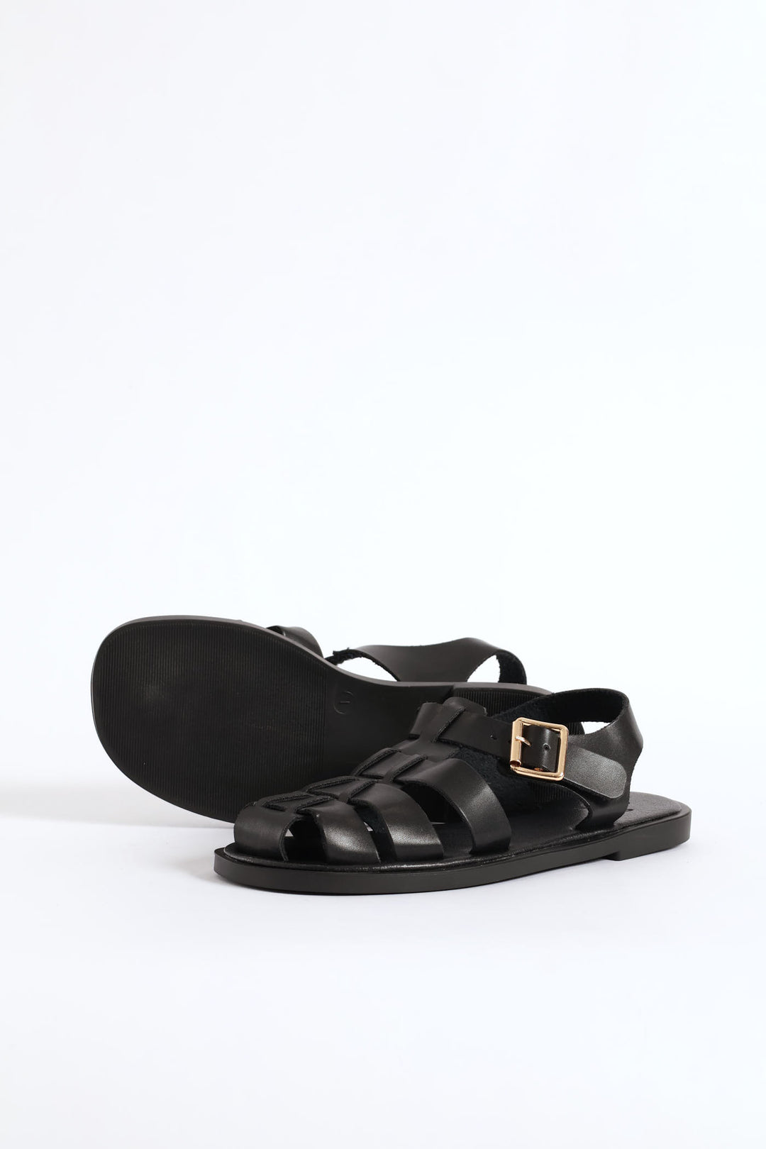 Girls Pu Caged Fisherman Sandal - Black