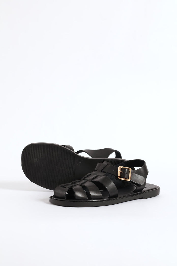 Girls Pu Caged Fisherman Sandal - Black