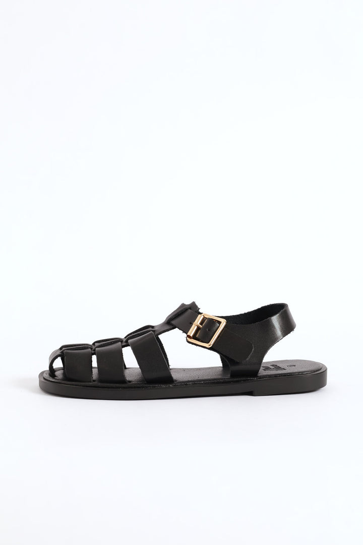 Girls Pu Caged Fisherman Sandal - Black