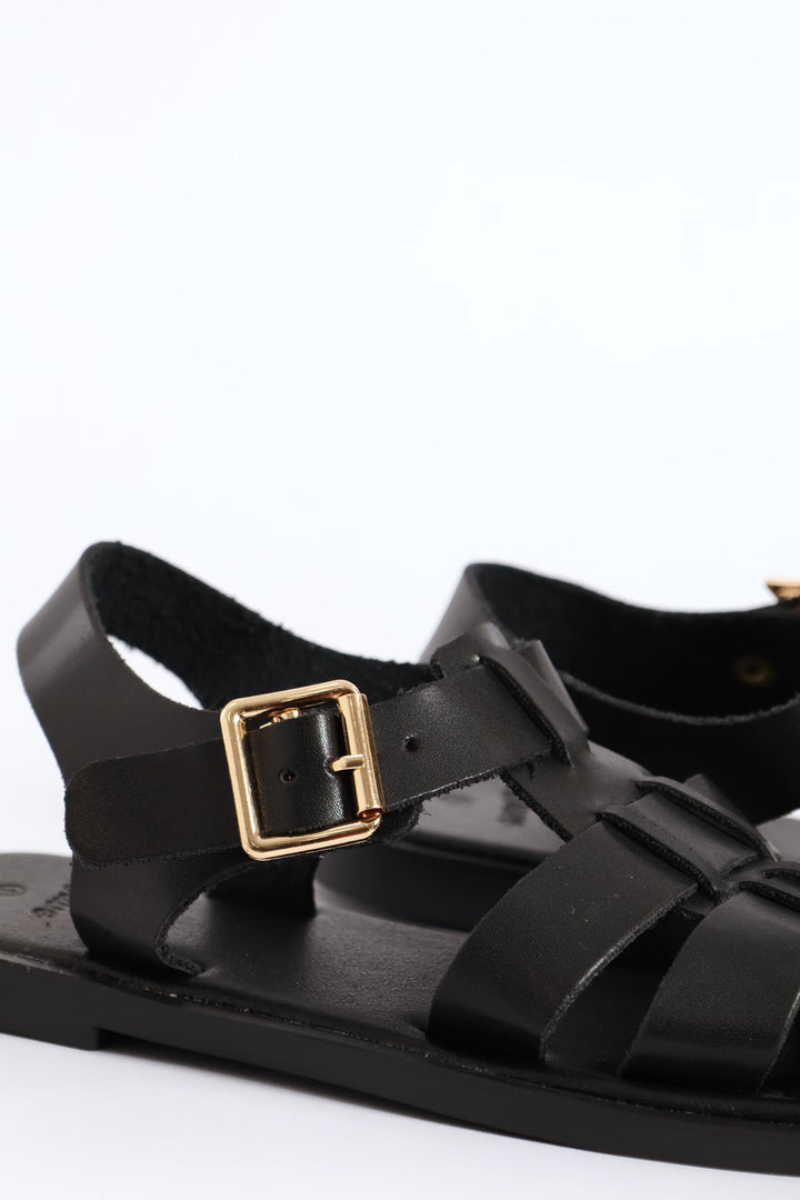 Girls Pu Caged Fisherman Sandal - Black