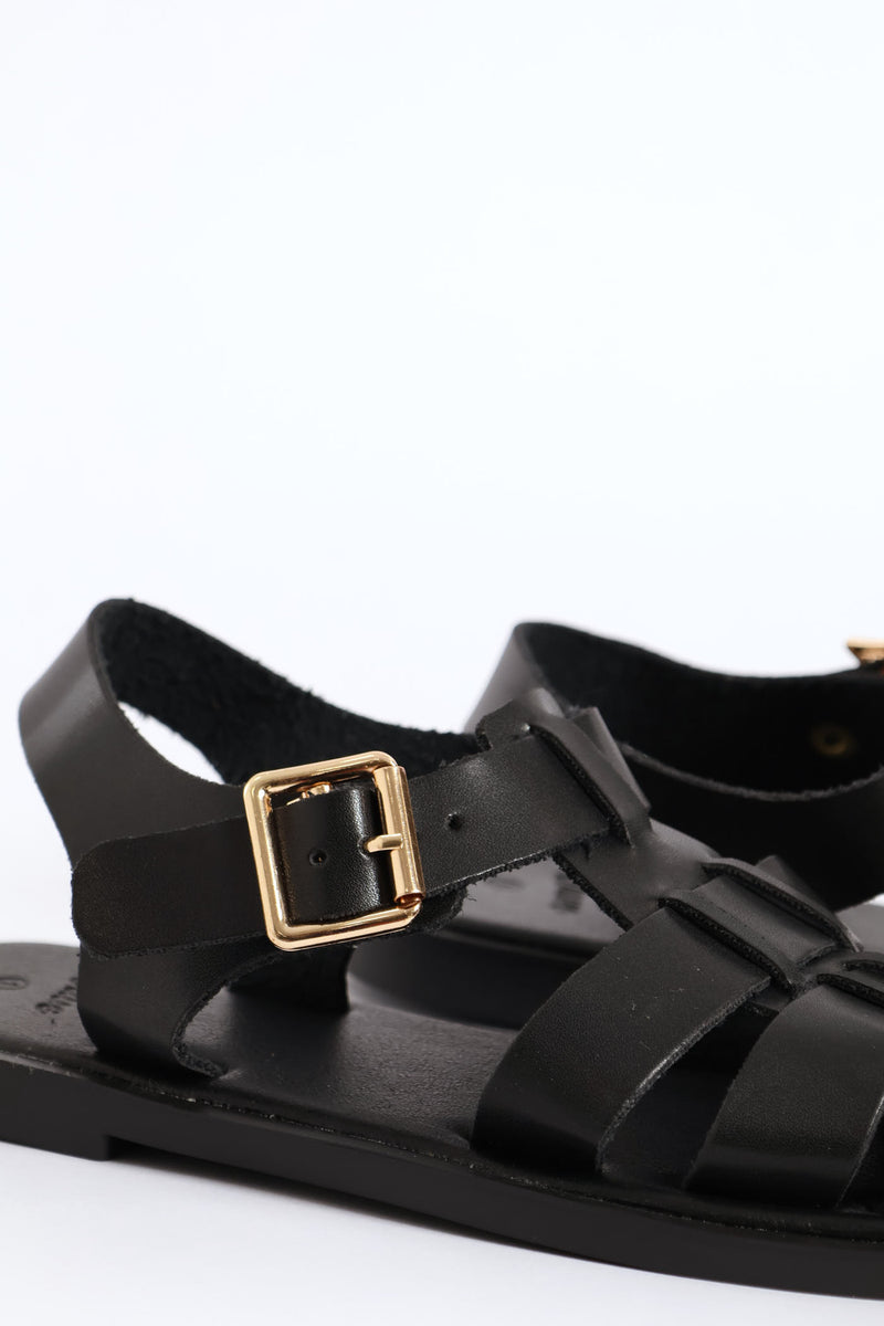 Girls Pu Caged Fisherman Sandal - Black