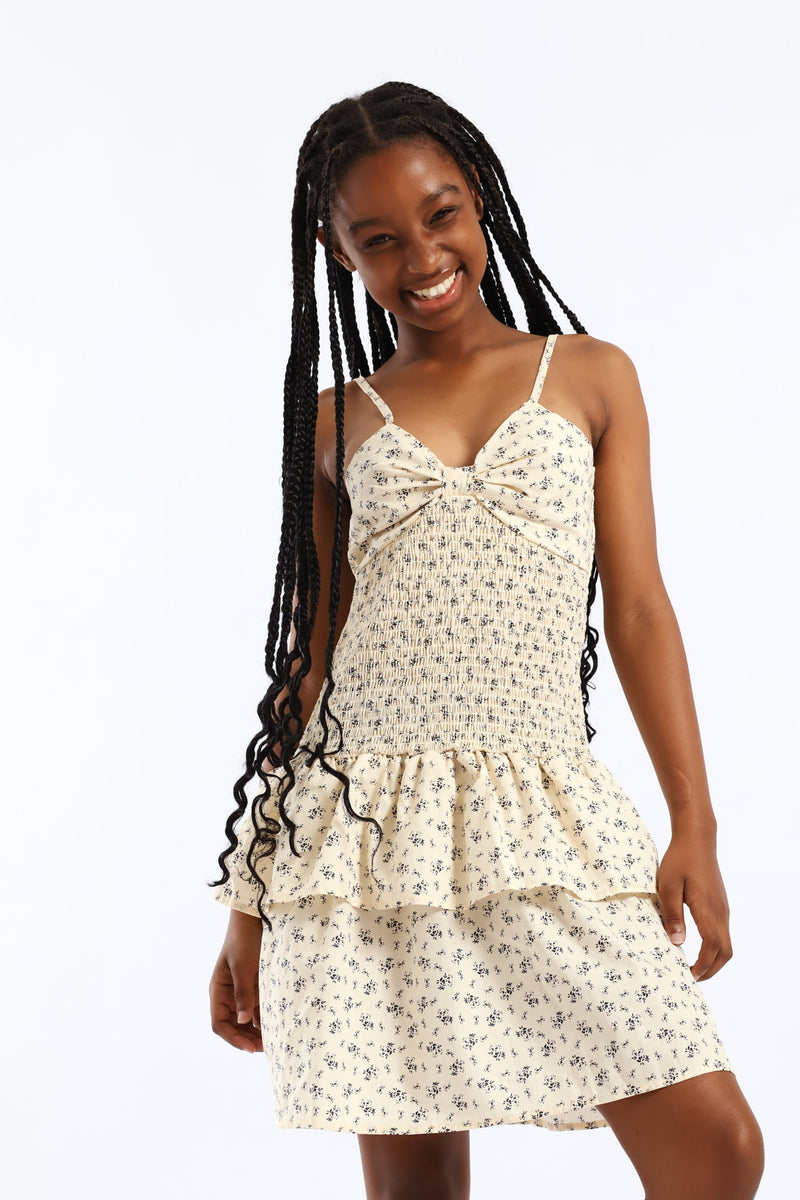 Girls Shirred Full Bodice Rara Strappy Dress - Floral
