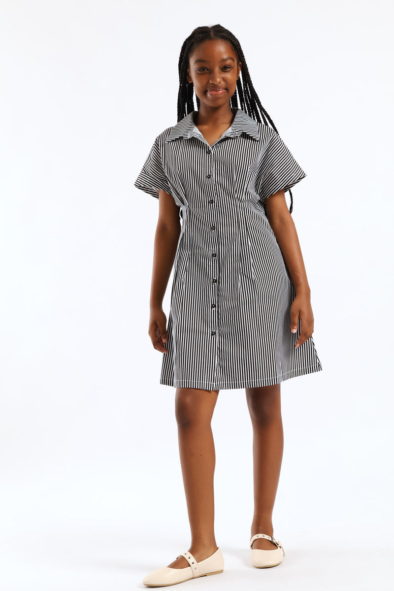 Girls Stripe Button Through Waist Detail Flare Dress - Black/White