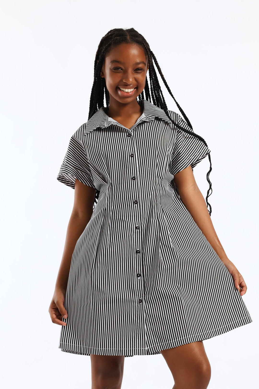 Girls Stripe Button Through Waist Detail Flare Dress - Black/White