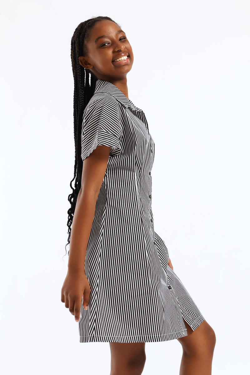 Girls Stripe Button Through Waist Detail Flare Dress - Black/White