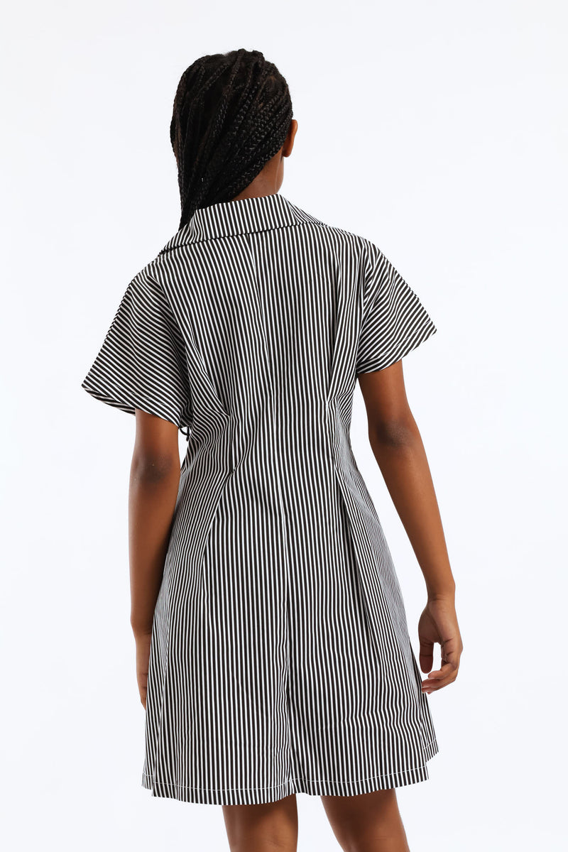 Girls Stripe Button Through Waist Detail Flare Dress - Black/White