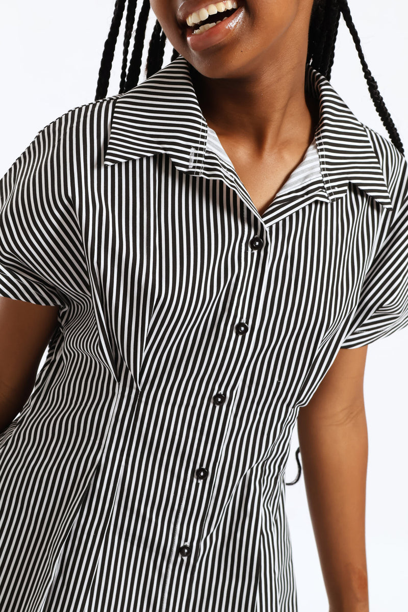 Girls Stripe Button Through Waist Detail Flare Dress - Black/White