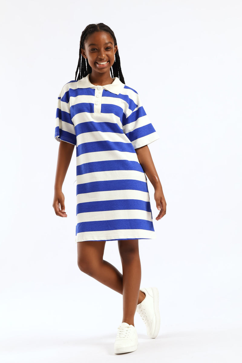 Girls Girls Stripe Golfer Tee Dress - Cream/Blue