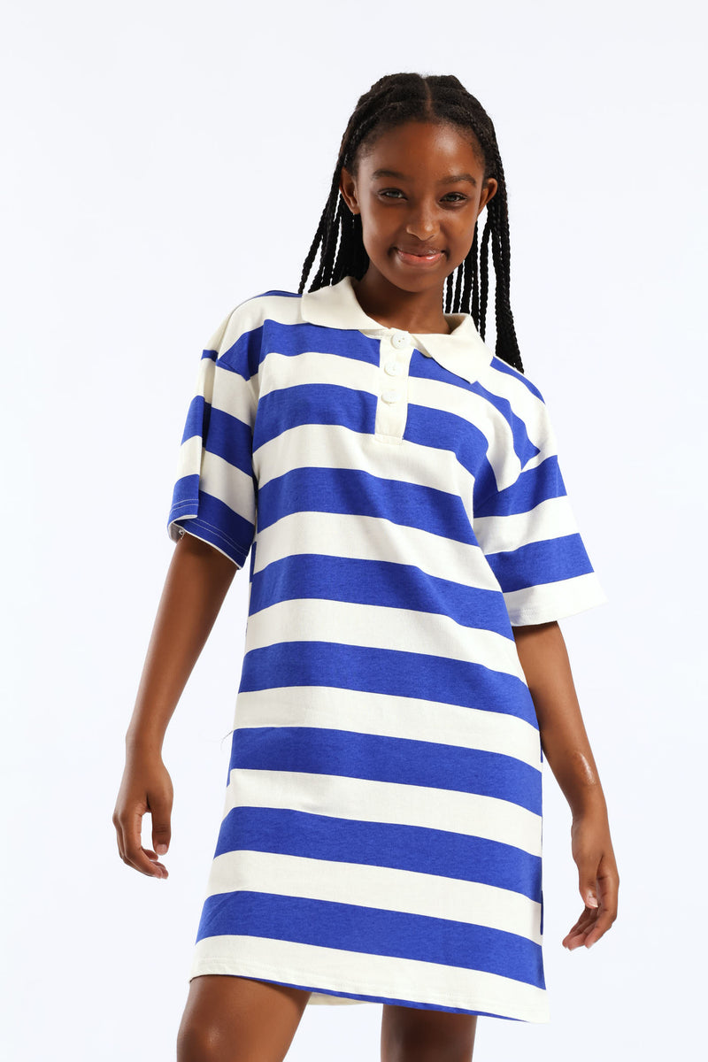 Girls Girls Stripe Golfer Tee Dress - Cream/Blue