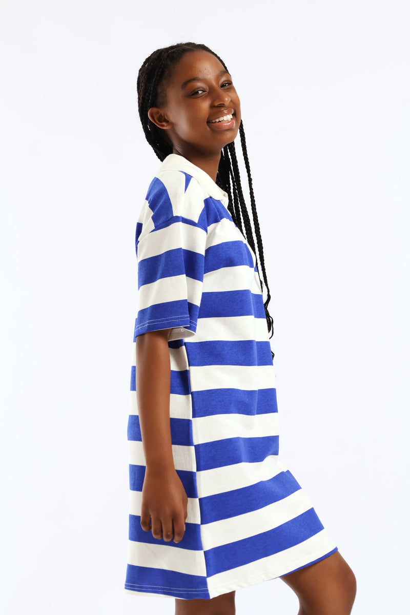 Girls Girls Stripe Golfer Tee Dress - Cream/Blue