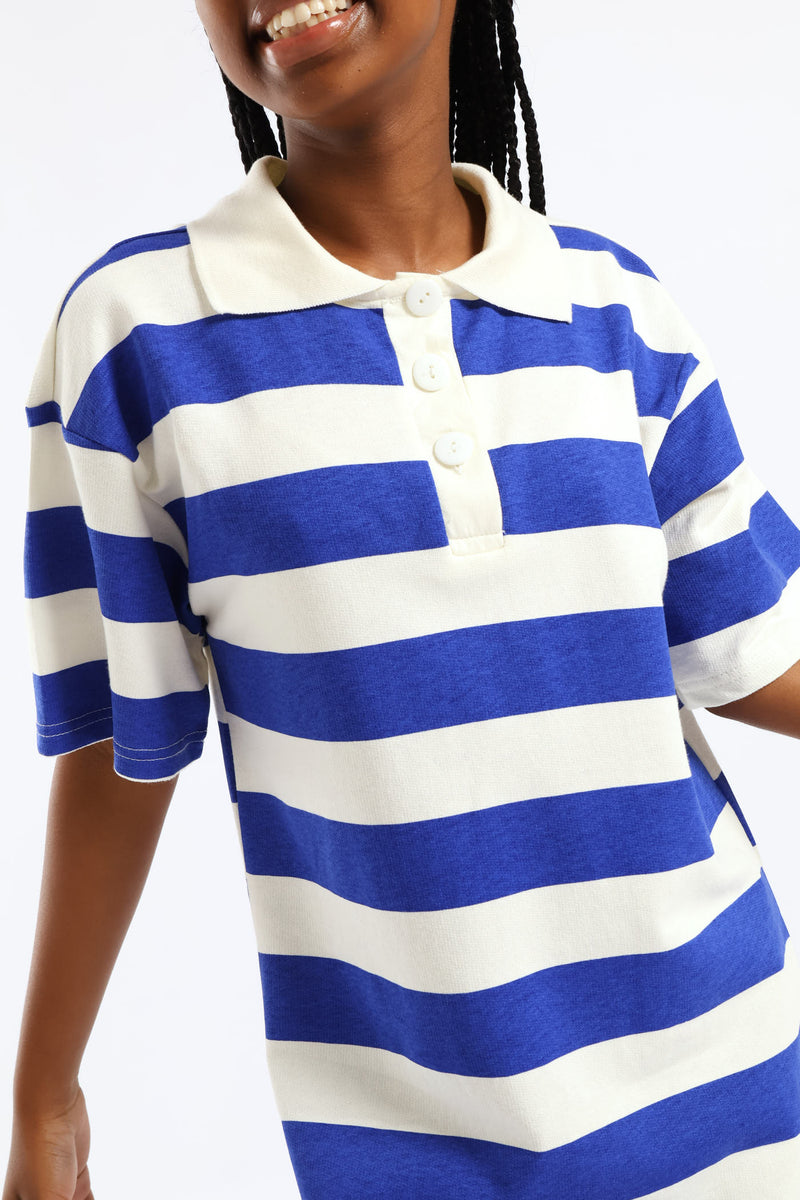 Girls Girls Stripe Golfer Tee Dress - Cream/Blue