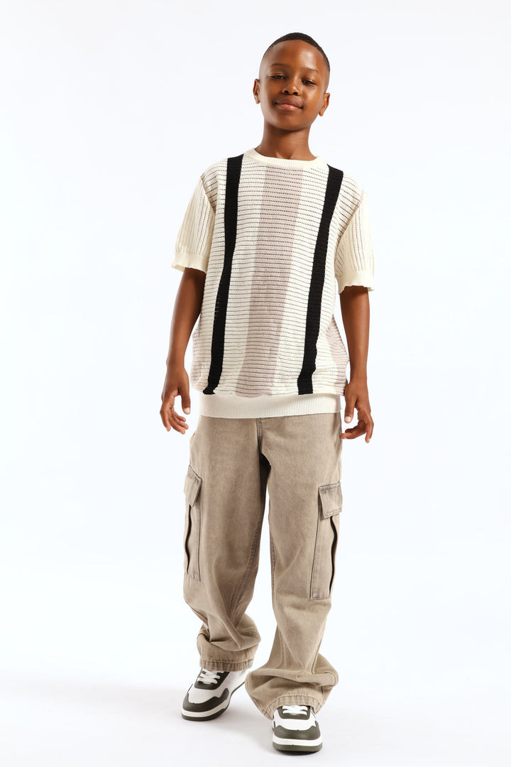 Boys Stripe Oversized Knit Pullover - Ivory