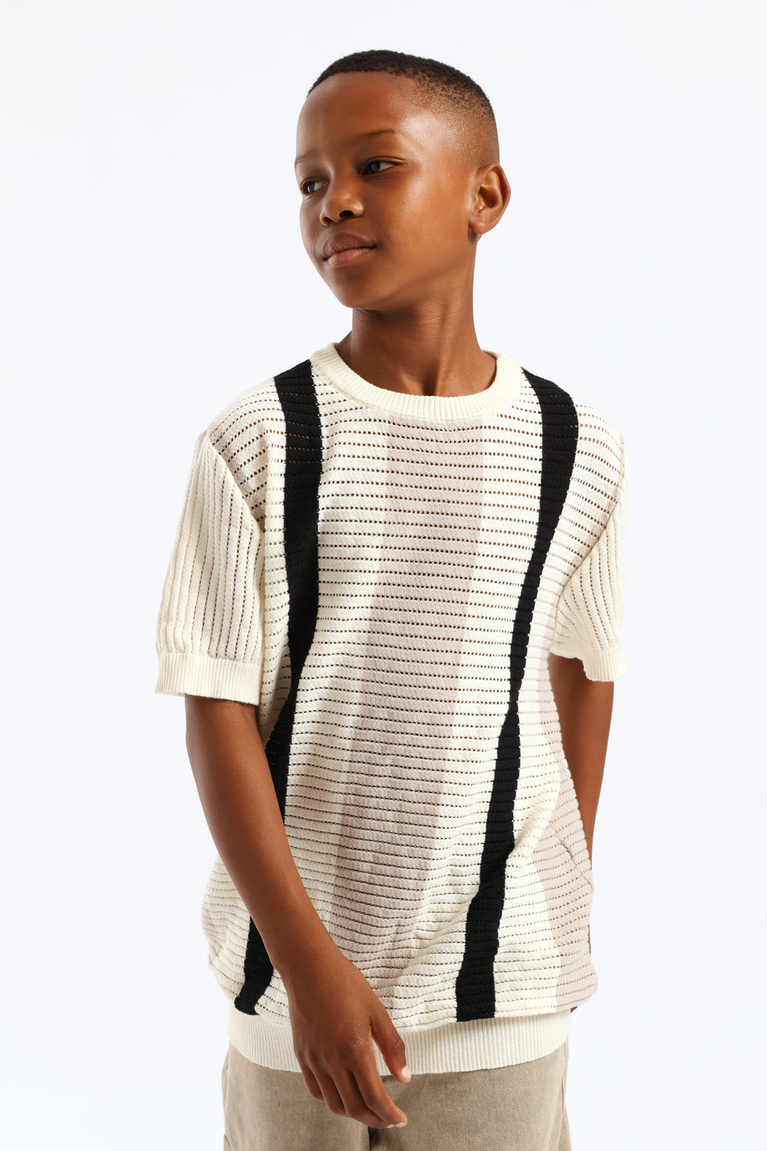 Boys Stripe Oversized Knit Pullover - Ivory