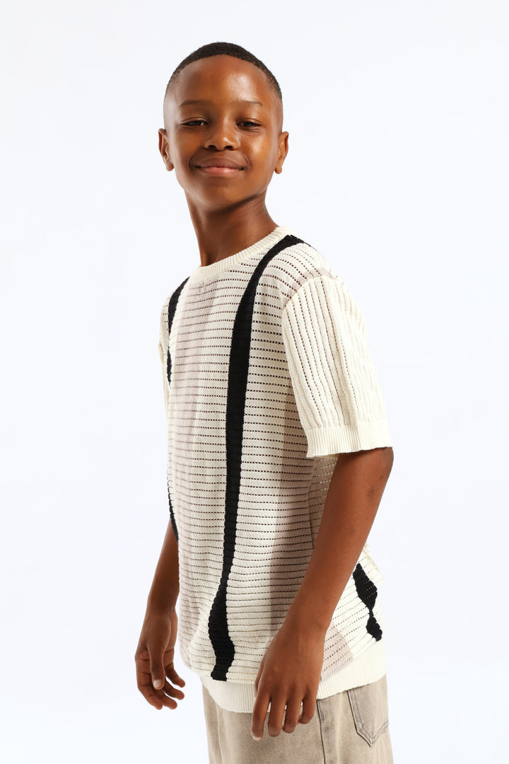 Boys Stripe Oversized Knit Pullover - Ivory