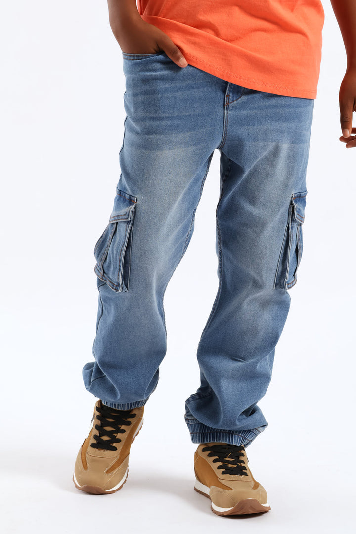 Mid Blue Cargo Jogger Jean - Blue