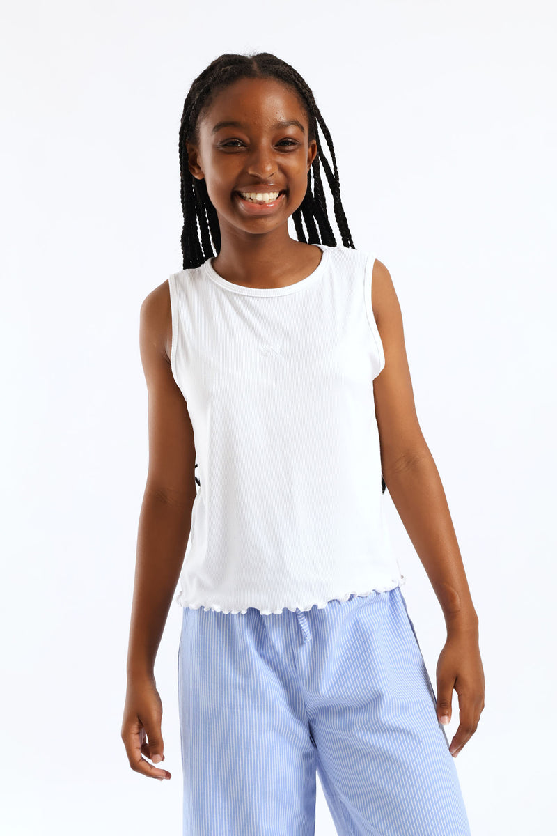Girls Embroidered Bow Rib Vest - White