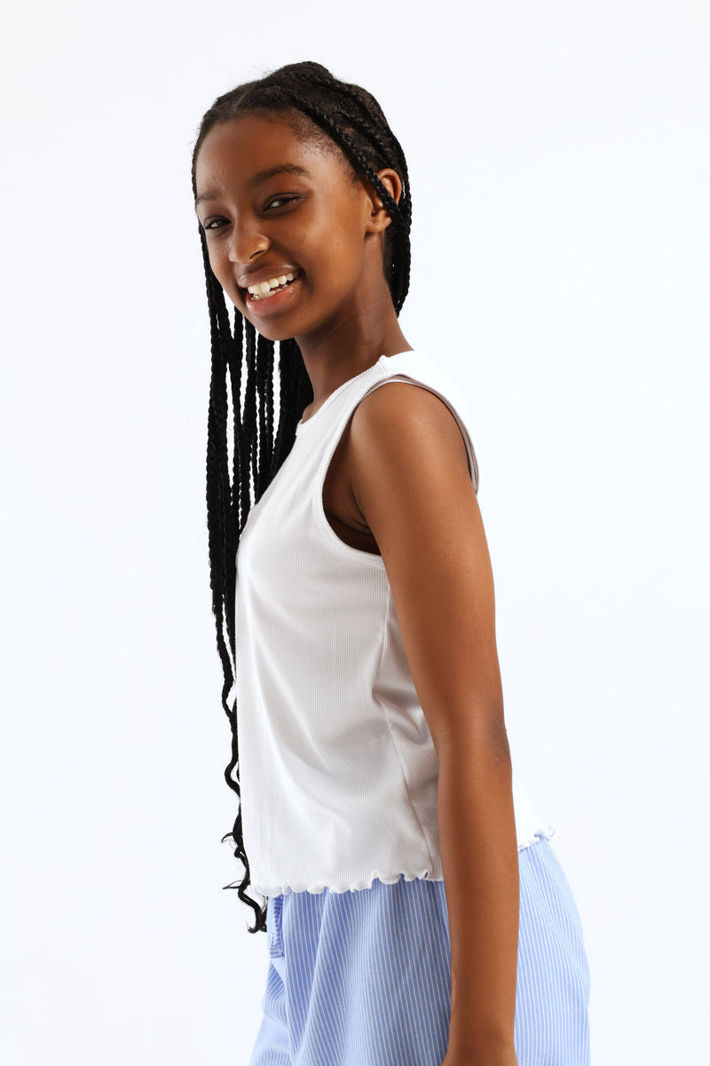 Girls Embroidered Bow Rib Vest - White