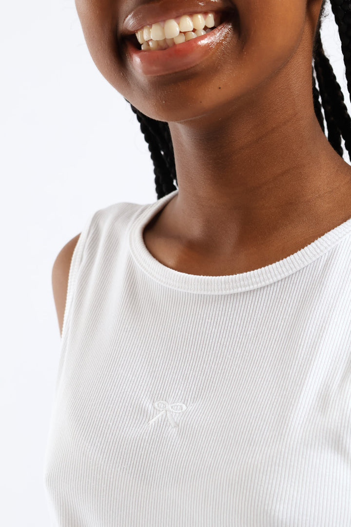 Girls Embroidered Bow Rib Vest - White