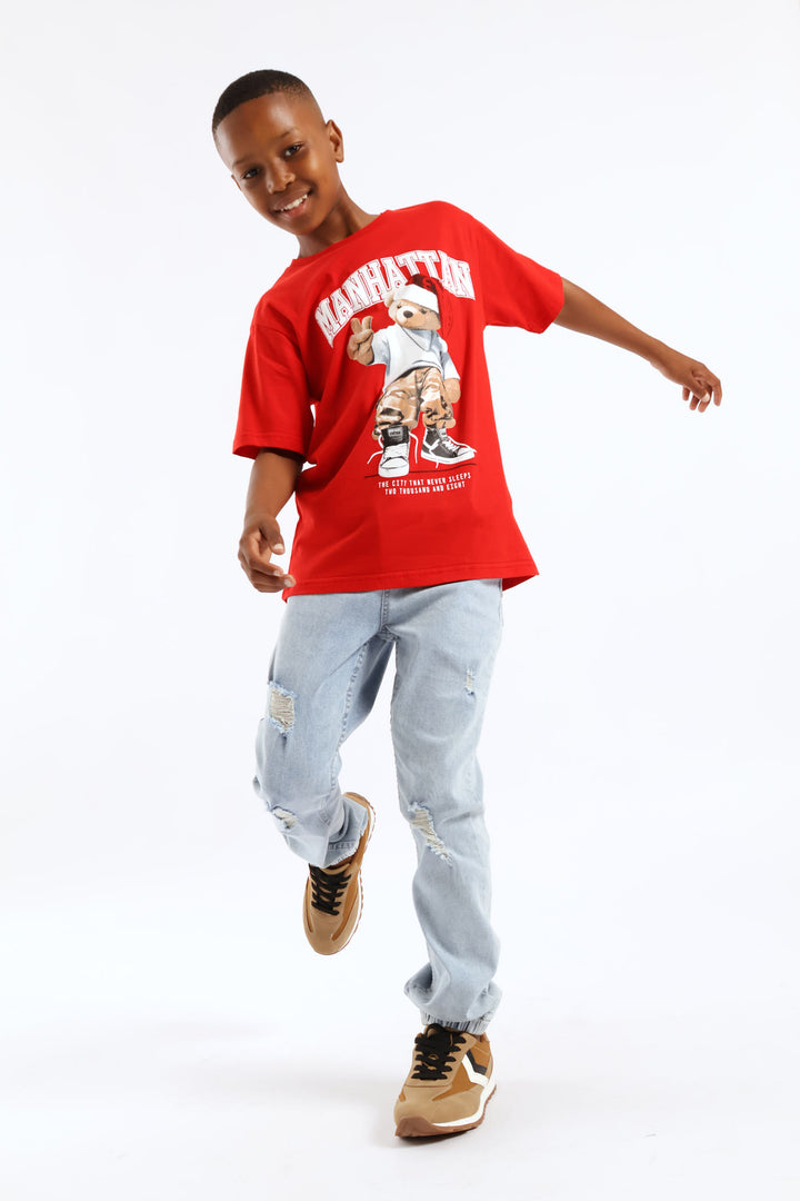 Boys Christmas Teddy Print T-Shirt - Red