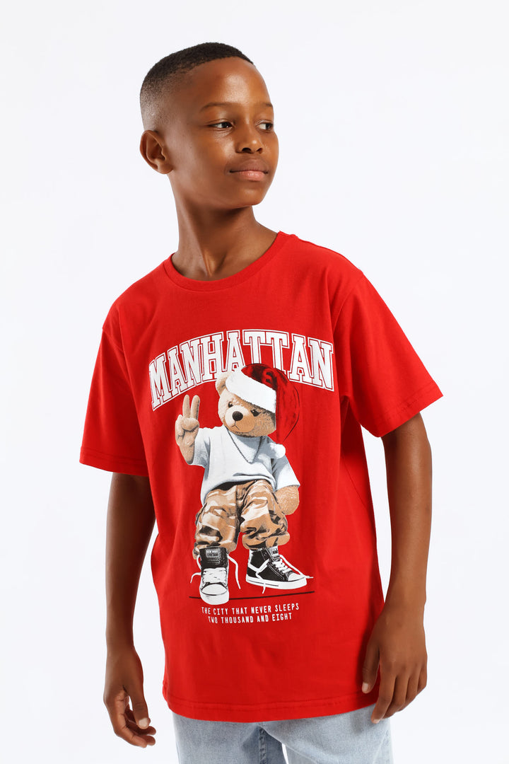 Boys Christmas Teddy Print T-Shirt - Red