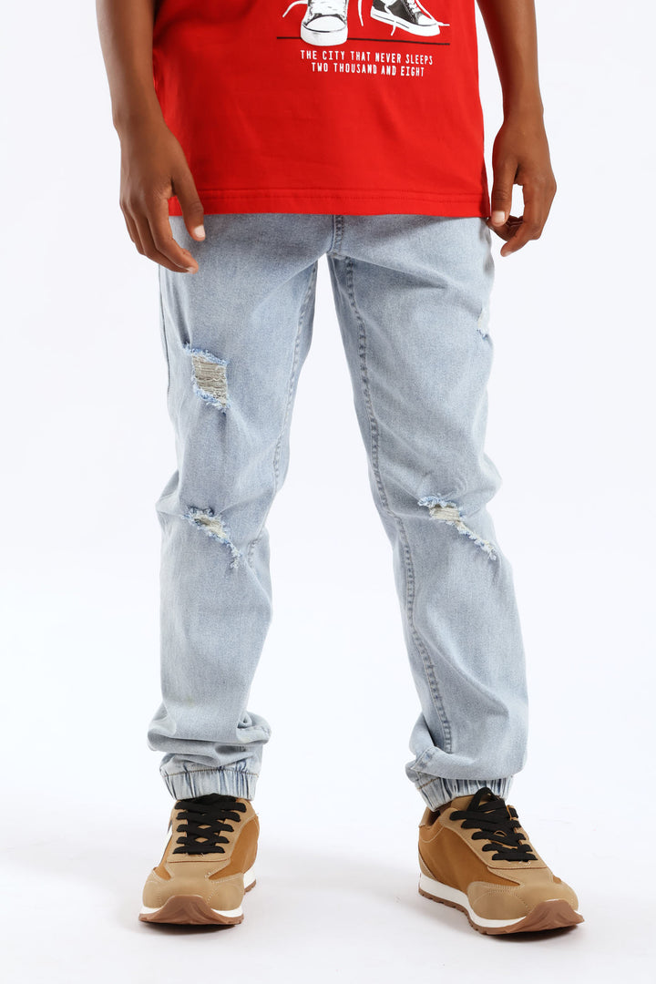 Bleach Blue Ripped Denim Jogger Jean - Blue