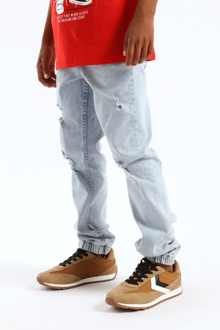 Bleach Blue Ripped Denim Jogger Jean - Blue