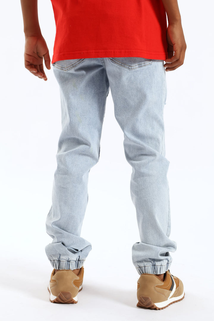 Bleach Blue Ripped Denim Jogger Jean - Blue