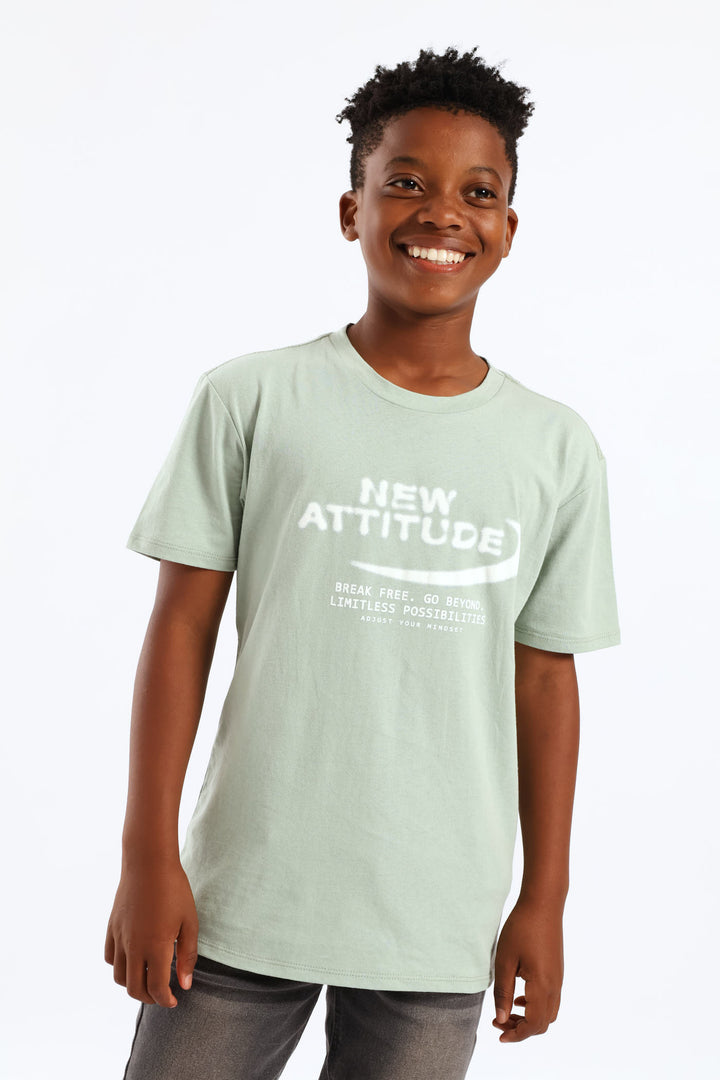Boys New Attitude Print T-Shirt - Sage