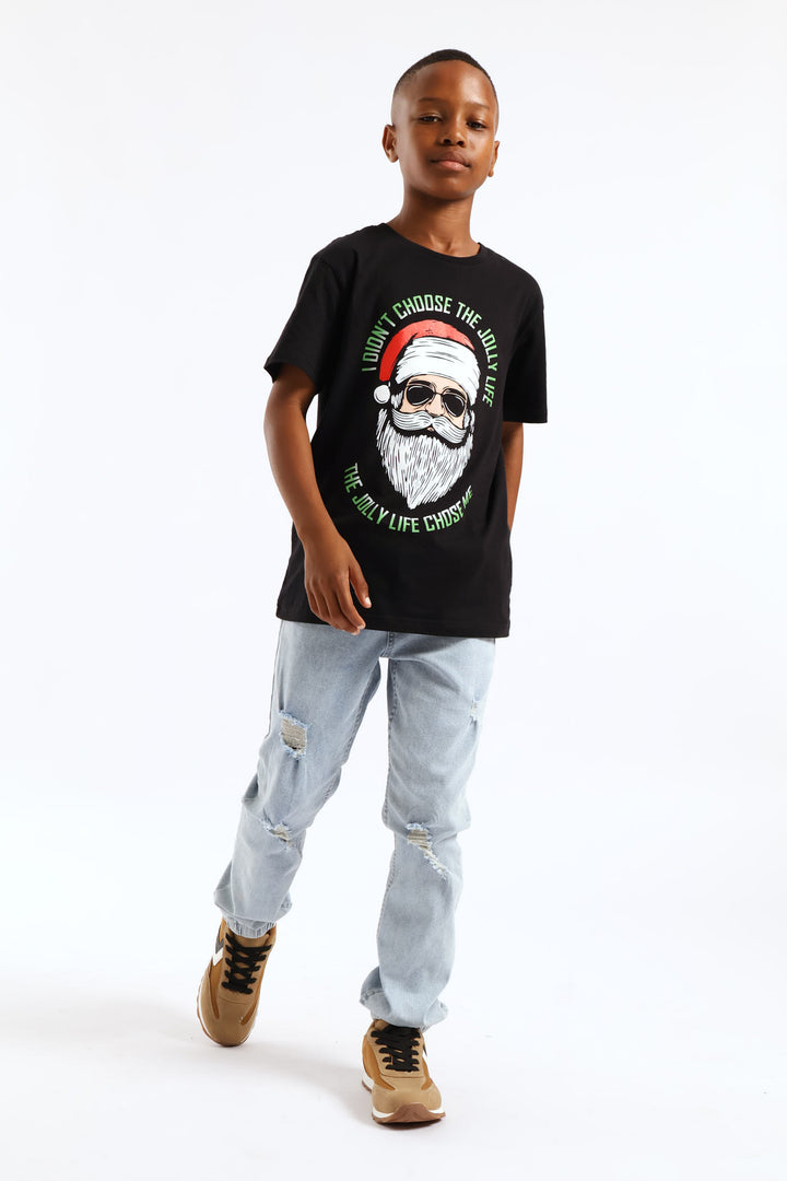 Boys Jolly Santa Print T-Shirt - Black
