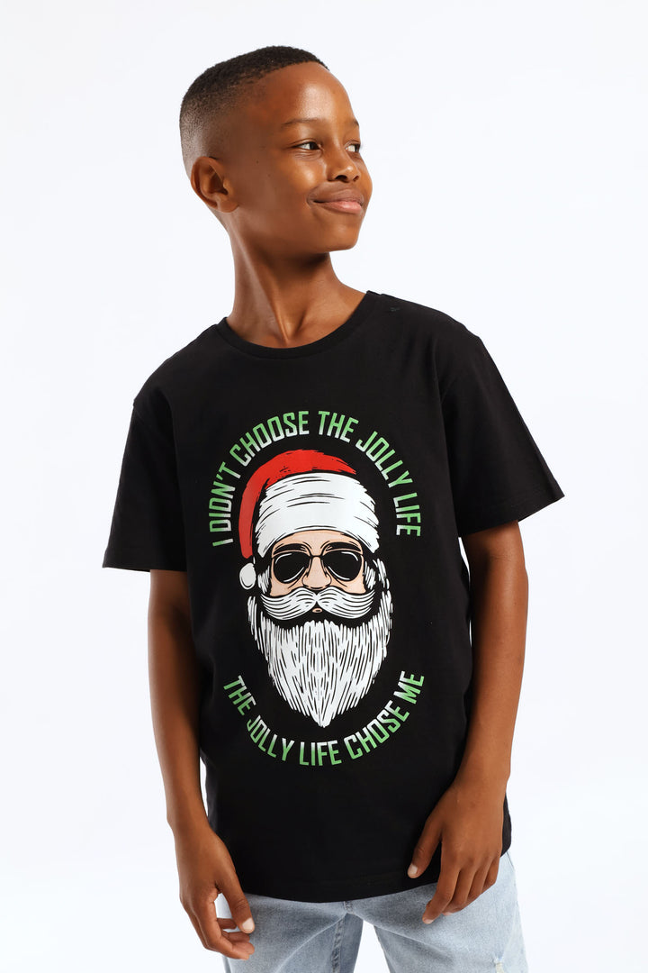 Boys Jolly Santa Print T-Shirt - Black