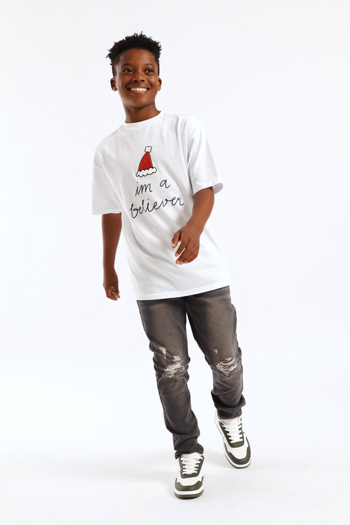 Boys High Density Believer Christmas Tee - White
