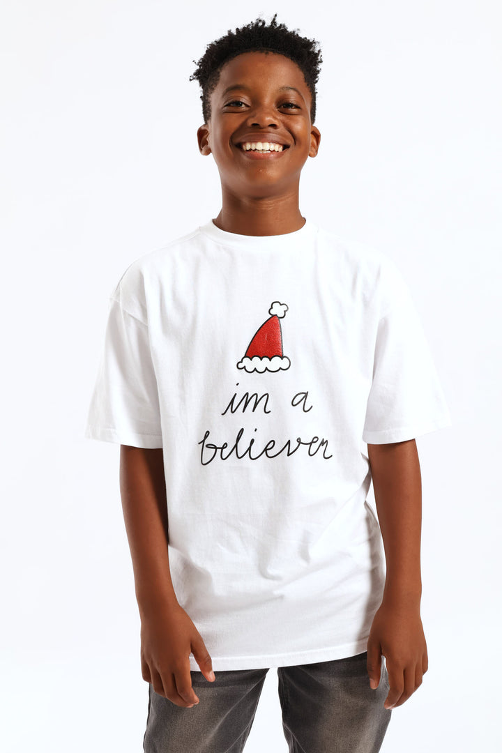 Boys High Density Believer Christmas Tee - White