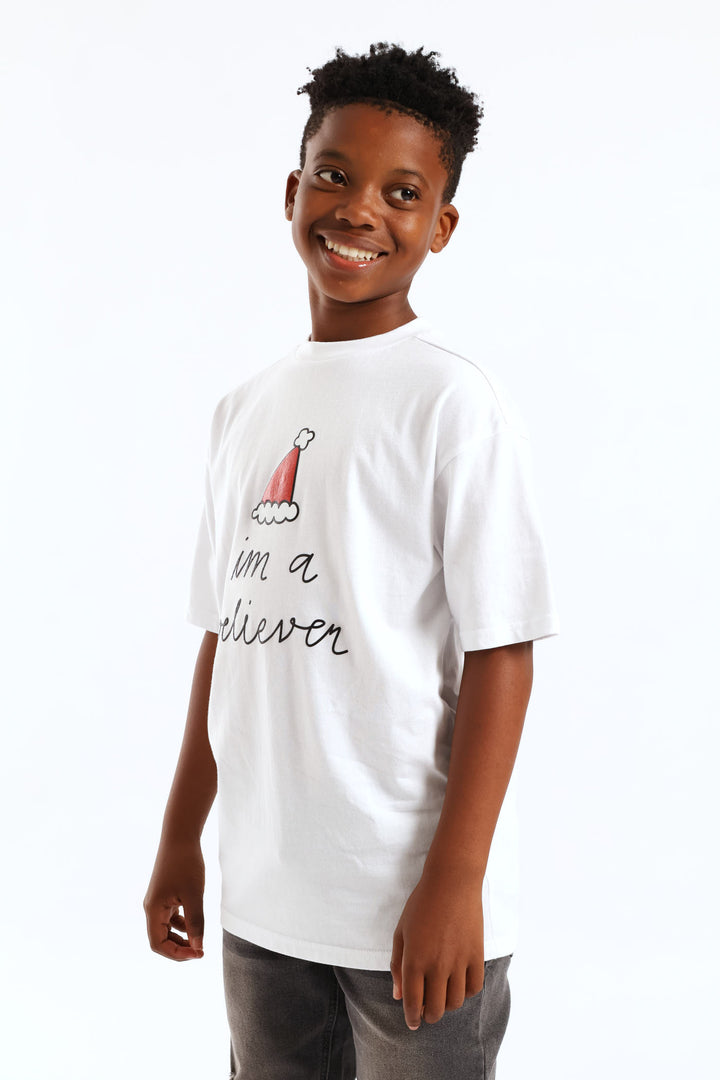 Boys High Density Believer Christmas Tee - White
