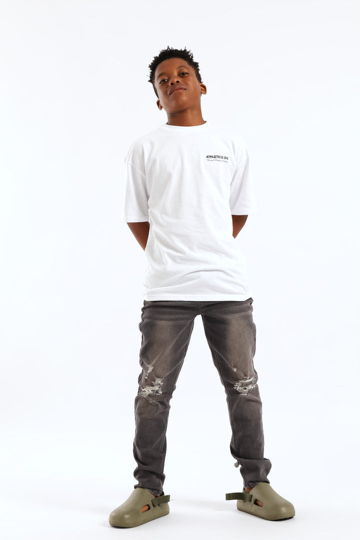 Boys Silcone Athletics Back Print Oversized Tee - White