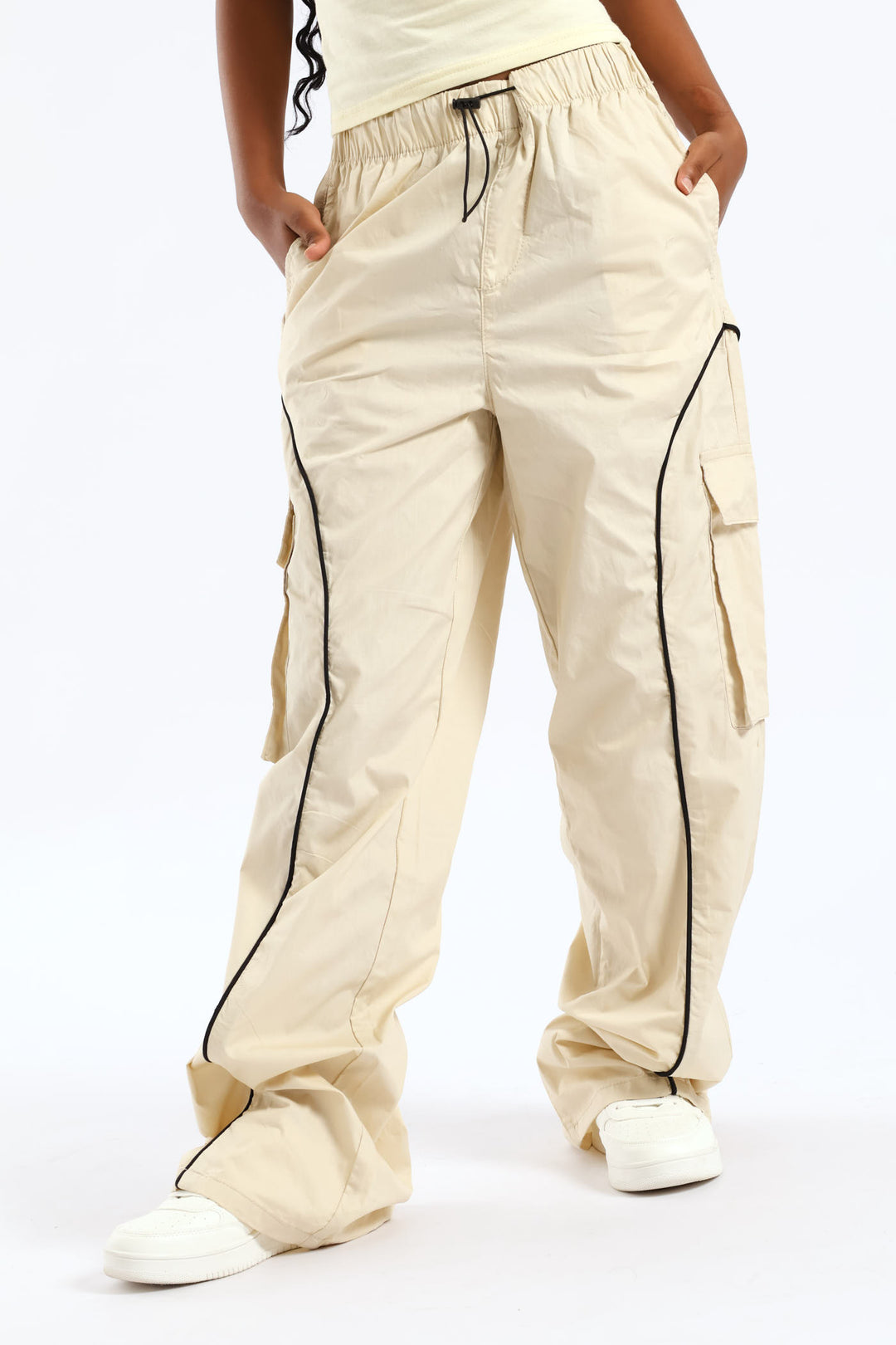Girls Contrast Pipping Detail Cargo Pant - Stone