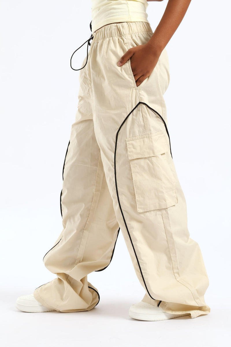 Girls Contrast Pipping Detail Cargo Pant - Stone