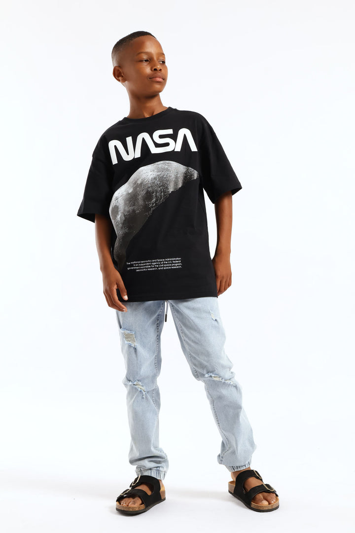 Black Oversized Nasa Moon Print T-Shirt - Black