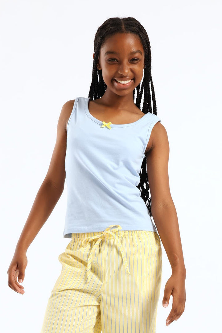 Girls Cotton Lycra Contrast Bow Vest - Light Blue