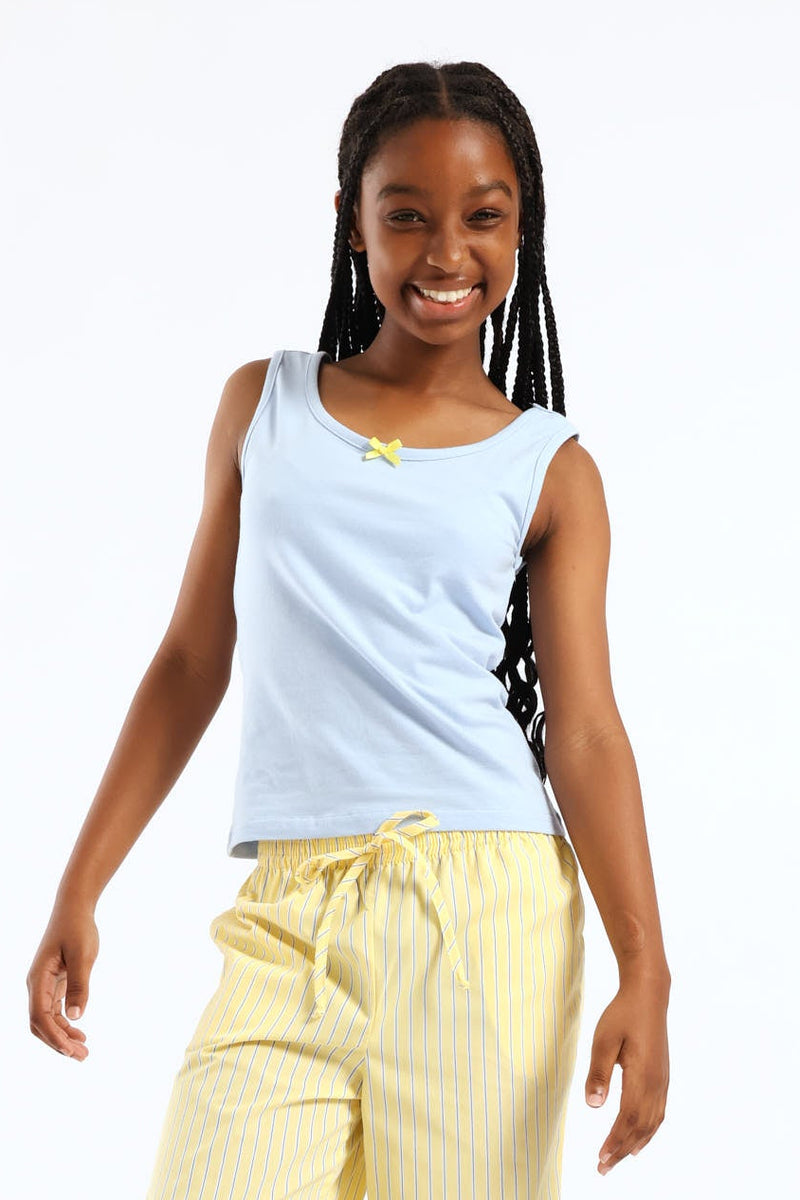 Girls Cotton Lycra Contrast Bow Vest - Light Blue
