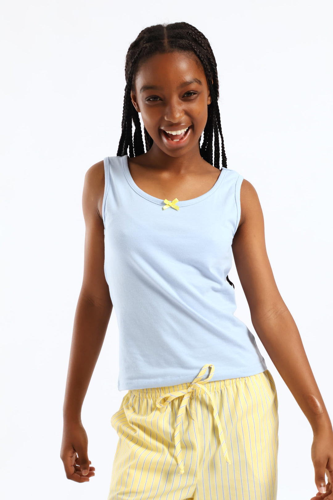 Girls Cotton Lycra Contrast Bow Vest - Light Blue