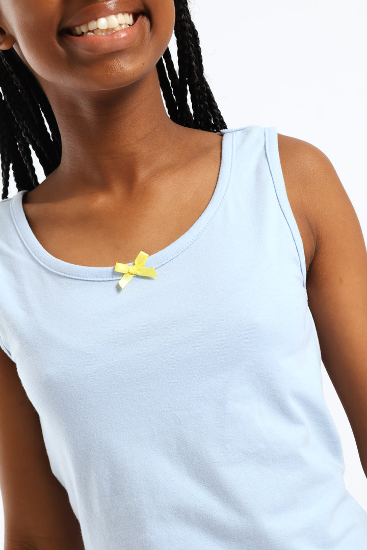 Girls Cotton Lycra Contrast Bow Vest - Light Blue