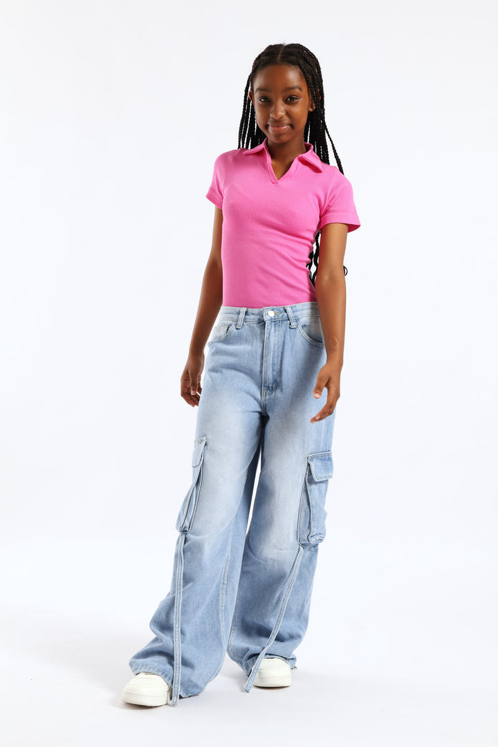 Girls Cargo Utility Denim - Light Blue